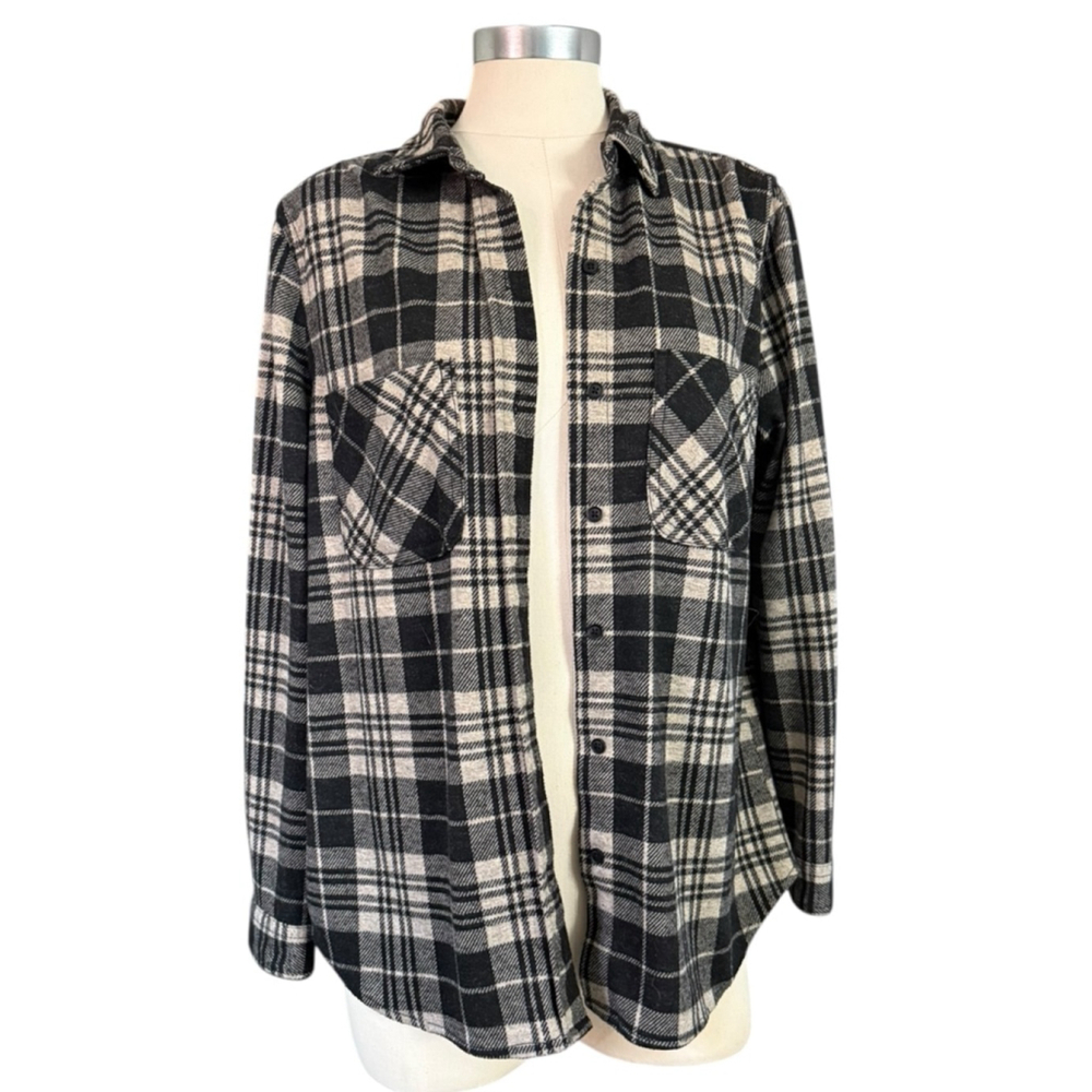 CASA CABANA womens black and white plaid flannel button down top